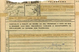 [Telegrama] 1945 nov., Santiago, Chile [a] Gabriela Mistral, Rio de Janeiro, [Petrópolis, Brasil]