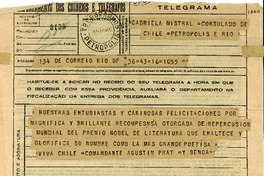 [Telegrama] 1945 nov. 16 [a] Gabriela Mistral, Petrópolis, Brasil