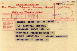[Telegrama] 1945 nov. 15 [a] Gabriela Mistral, Petrópolis, Brasil