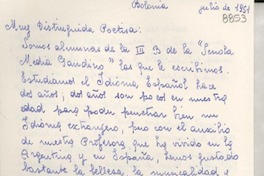 [Carta] 1951 jul., Bolonia, [Italia] [a] Gabriela Mistral