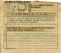 [Telegrama] 1945 nov. [17?], Santiago, Chile [a] Gabriela Mistral, Petrópolis, [Brasil]