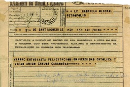 [Telegrama] 1945 nov. [17?], Santiago, Chile [a] Gabriela Mistral, Petrópolis, [Brasil]