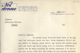 [Carta] 1951 oct. 3, Roma, [Italia] [a] Gabriella [i.e. Gabriela] Mistral, Napoli, [Italia]