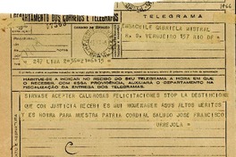 [Telegrama] 1945 nov., Lima, Perú [a] Gabriela Mistral, Rio [de Janeiro], [Brasil]