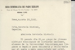 [Carta] 1951 ago. 25, Roma, [Italia] [a] Gabriela Mistral, Rapallo