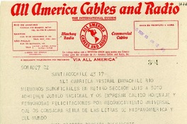 [Telegrama] 1945 nov. 18, Santiago, Chile [a] Gabriela Mistral, Rio [de Janeiro], [Brasil]