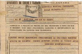 [Telegrama] 1945 nov. 18, Santiago, Chile [a] Gabriela Mistral, Petrópolis, [Brasil]