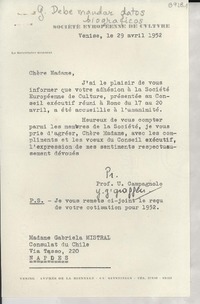 [Carta] 1952 avril 29, Venise, [Italia] [a] Gabriela Mistral, Napoes, [Italia]