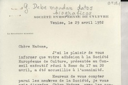[Carta] 1952 avril 29, Venise, [Italia] [a] Gabriela Mistral, Napoes, [Italia]