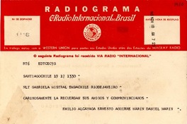 [Telegrama] 1945 nov. 18, Santiago, Chile [a] Gabriela Mistral, Rio de Janeiro, [Brasil]
