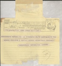 [Telegrama] [1952], Roma, [Italia] [a] Gabriella [i.e. Gabriela] Mistral, Napoli, [Italia]