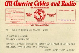 [Telegrama] 1945 nov. 23, Osorno, [Chile] [a] Gabriela Mistral, Río de Janeiro