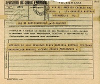 [Telegrama] 1945 nov. 18, Santiago [a] Gabriela Mistral, Petrópolis