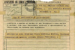 [Telegrama] 1945 nov. 18, Santiago [a] Gabriela Mistral, Petrópolis