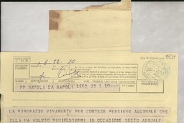 [Telegrama] [1952], Napoli, [Italia] [a] Gabriel [i.e. Gabriela] Mistral, Napoli, [Italia]
