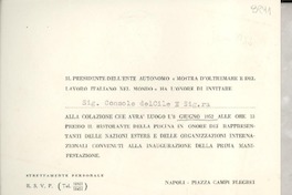 [Tarjeta] 1952 giugno 8, Napoli, [Italia] [a el] Sig. Console del Cile e Sig.ra