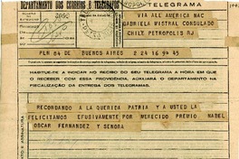 [Telegrama] 1945 nov. 16, Buenos Aires, Argentina [a] Gabriela Mistral