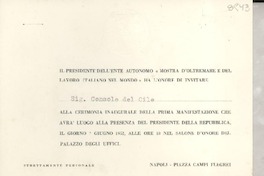 [Tarjeta] 1952 giugno 7, Napoli, [Italia] [a la] Dott. Gabriella [i.e. Gabriela] Mistral