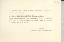 [Tarjeta] 1952 giugno 7, Napoli, [Italia] [a la] Dott. Gabriella [i.e. Gabriela] Mistral