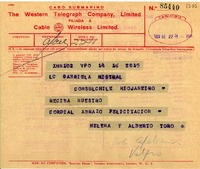 [Telegrama] 1945 nov. 16, Valparaíso, [Chile] [a] Gabriela Mistral, Rio de Janeiro, [Brasil]