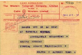 [Telegrama] 1945 nov. 16, Valparaíso, [Chile] [a] Gabriela Mistral, Rio de Janeiro, [Brasil]