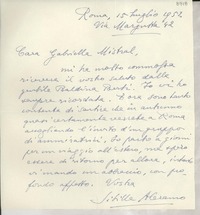 [Carta] 1952 luglio 15, Roma, [Italia] [a] Gabriella [i.e. Gabriela] Mistral
