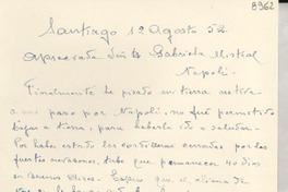 [Carta] 1952 ago. 12, Santiago, [Chile] [a] Gabriela Mistral, Napoli