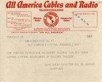 [Telegrama] 1945 nov. 17, Santiago, Chile [a] Gabriela Mistral, Rio [de Janeiro], [Brasil]