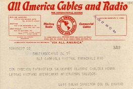 [Telegrama] 1945 nov. 17, Santiago, Chile [a] Gabriela Mistral, Rio [de Janeiro], [Brasil]