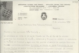 [Carta] 1952 nov. 8, Trento, [Italia] [a] Gabriela Mistral, Neapoles, [Italia]