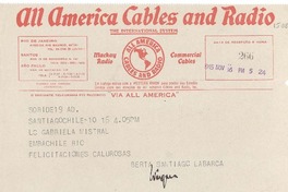 [Telegrama] 1945 nov. 16, Santiago, Chile [a] Gabriela Mistral, Rio [de Janeiro], [Brasil]