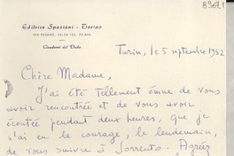 [Carta] 1952 sept. 5, Turin, [Italia] [a] Gabriela Mistral
