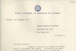 [Carta] 1952 nov. 28, Venezia, [Italia] [a] Gabriela Mistral, Napoli, [Italia]