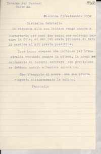 [Carta] 1952 sett. 13, Taormina, [Italia] [a] Gabriela Mistral