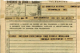 [Telegrama] 1945 nov. 17, Santiago, Chile [a] Gabriela Mistral, Petrópolis, [Brasil]