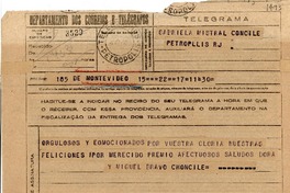 [Telegrama] 1945 nov. 17, Montevideo [a] Gabriela Mistral, Petrópolis