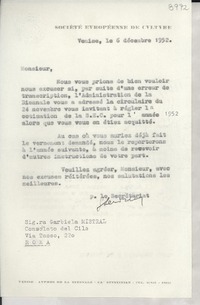 [Carta] 1952 déc. 6, Venise, [Italia] [a] Garbiela [i.e. Gabriela] Mistral, Roma, [Italia]