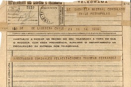 [Telegrama] 1945 nov. 16, La Serena, [Chile] [a] Gabriela Mistral, Petrópolis