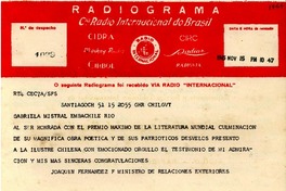 [Telegrama] 1945 nov. 15, Santiago, Chile [a] Gabriela Mistral, Río de Janeiro, Brasil
