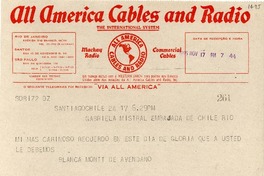 [Telegrama] 1945 nov. 17, Santiago [a] Gabriela Mistral, Río de Janeiro