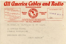 [Telegrama] 1945 nov. 17, Valparaíso [a] Gabriela Mistral, Río de Janeiro