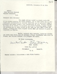 [Carta] 1954 dic. 22, Medellín, [Colombia] [a] Gabriela Mistral, New York