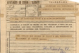 [Telegrama] 1945 nov. 16, Santiago [a] Gabriela Mistral, Petrópolis