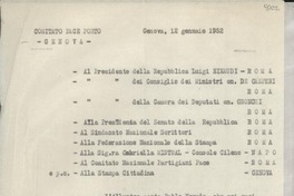 [Carta] 1952 genn. 12, Genova, [Italia] [a] Gabriella [i.e. Gabriela] Mistral ... [et al.], Napoli, [Italia]
