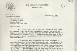 [Carta] 1954 Nov. 8, Washington D. C., [Estados Unidos] [a] Gabriela Mistral, Roslyn Harbor, Long Island, New York