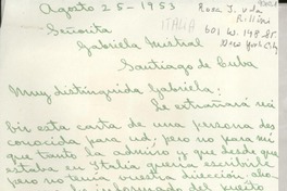 [Carta] 1953 ago. 25, New York City, [EE.UU.] [a] Gabriela Mistral, Santiago de Cuba, [Cuba]