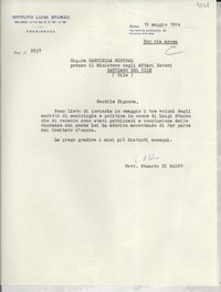 [Carta] 1954 magg. 15, Roma, [Italia] [a] Gabriella [i.e. Gabriela] Mistral, Santiago, Cile