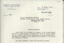 [Carta] 1954 magg. 15, Roma, [Italia] [a] Gabriella [i.e. Gabriela] Mistral, Santiago, Cile
