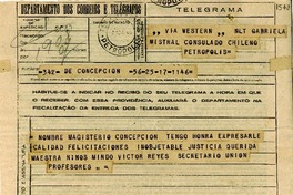 [Telegrama] 1945 nov. 17, Concepción, [Chile] [a] Gabriela Mistral, Petrópolis, [Brasil]