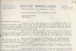 [Carta] 1942 oct. 24, Miraflores, Perú [a] Gabriela Mistral, Petrópolis